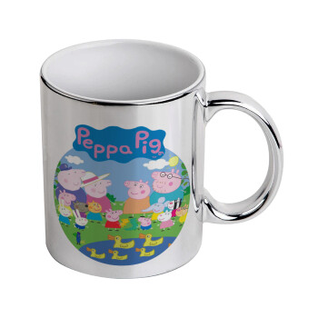 Peppa pig Family, Κούπα κεραμική, ασημένια καθρέπτης, 330ml