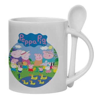 Peppa pig Family, Ceramic coffee mug with Spoon, 330ml (1pcs)