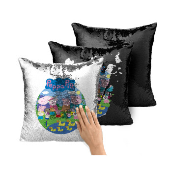 Peppa pig Family, Μαξιλάρι καναπέ Μαγικό Μαύρο με πούλιες 40x40cm περιέχεται το γέμισμα