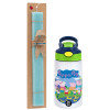 Easter Set, Children's thermal stainless steel bottle with safety straw, green/blue (350ml) & aromatic flat Easter candle (30cm) (TURQUOISE)