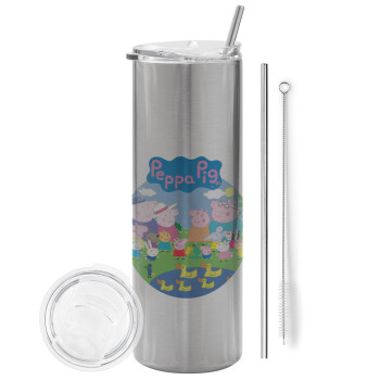 Peppa pig Family, Eco friendly stainless steel Silver tumbler 600ml, with metal straw & cleaning brush