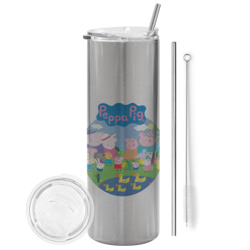 Peppa pig Family, Tumbler stainless steel Silver 600ml, with metal straw & cleaning brush