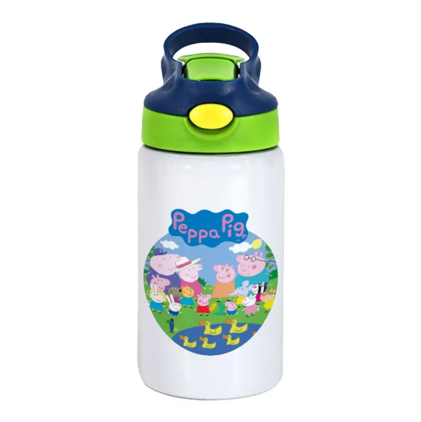 Peppa pig Family — Παιδικό παγούρι θερμό, ανοξείδωτο, με καλαμάκι ασφαλείας, πράσινο/μπλε (350ml)
