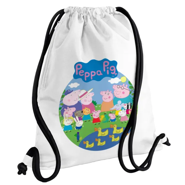 Peppa pig Family — Τσάντα πλάτης πουγκί GYMBAG λευκή, με τσέπη (40x48cm) & χονδρά κορδόνια