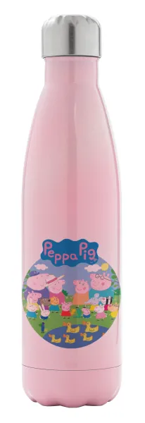Peppa pig Family — Μεταλλικό παγούρι θερμός Ροζ Ιριδίζον (Stainless steel), διπλού τοιχώματος, 500ml