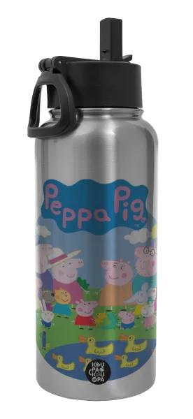 Peppa pig Family — Μεταλλικό παγούρι θερμός Silver με καλαμάκι και χερούλι (Stainless steel), διπλού τοιχώματος, 950ml