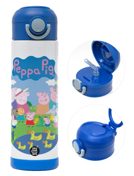 Peppa pig Family — Παιδικό παγούρι θερμό, ανοξείδωτο, με καλαμάκι ασφαλείας, ΜΠΛΕ (500ml)