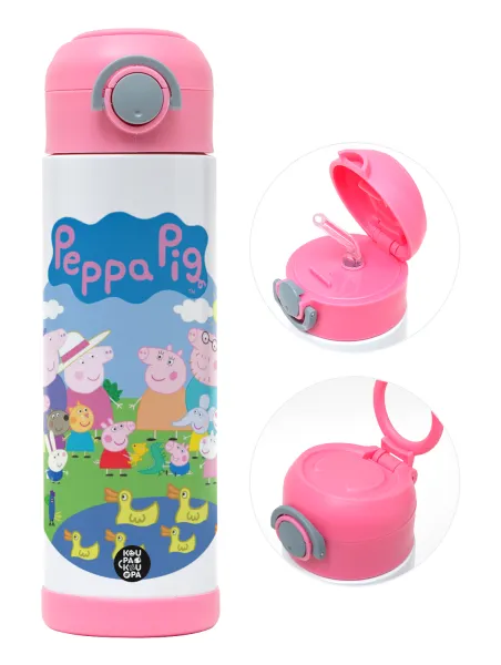 Peppa pig Family — Παιδικό παγούρι θερμό, ανοξείδωτο, με καλαμάκι ασφαλείας, ΡΟΖ (500ml)