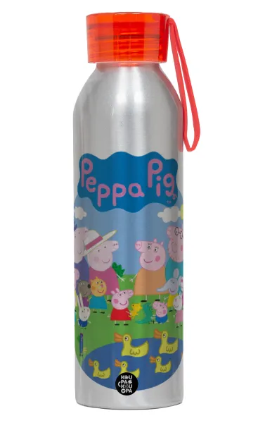 Peppa pig Family — Αλουμινένιο Αθλητικό Μπουκάλι 650ml – Ασημί με Κόκκινο Καπάκι και Λουράκι Σιλικόνης
