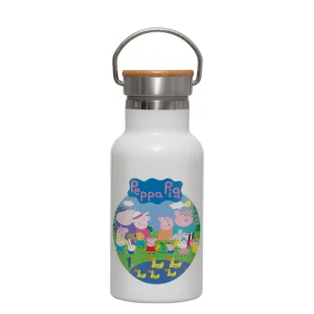 Peppa pig Family, Metallic thermos (Stainless steel) White with wooden lid (bamboo), double-walled, 350ml