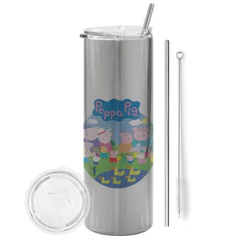 Peppa pig Family, Tumbler ποτήρι θερμό Ασημένιο από ανοξείδωτο ατσάλι 600ml, με μεταλλικό καλαμάκι & βούρτσα καθαρισμού