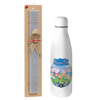 Peppa pig Family, Easter Set, metallic stainless thermos bottle (500ml) & scented flat Easter candle (30cm) (GRAY)
