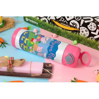 Peppa pig Family, Πασχαλινή Λαμπάδα με Παιδικό παγούρι θερμό, ανοξείδωτο, με καλαμάκι ασφαλείας, ΡΟΖ (500ml)