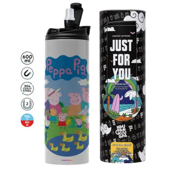 Peppa pig Family, Tumbler ποτήρι θερμό ΓΚΡΙ από ανοξείδωτο ατσάλι 600ml