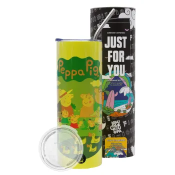 Peppa pig Family, Neon Yellow Travel Tumbler θερμό, μεταλλικό καλαμάκι(Ανωξείδωτο 304 Food grade, BPA free, 600ml)