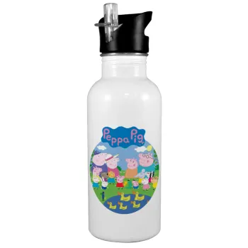 Peppa pig Family, White water bottle with straw, stainless steel 600ml