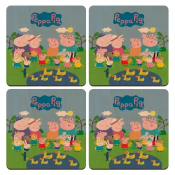 Peppa pig Family, ΣΕΤ x4 Σουβέρ ξύλινα τετράγωνα plywood (9cm)