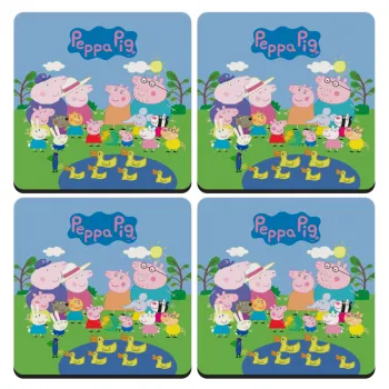 Peppa pig Family, ΣΕΤ 4 Σουβέρ ξύλινα τετράγωνα (9cm)