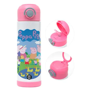 Peppa pig Family, Children's hot water bottle, stainless steel, with safety straw, PINK (500ml)