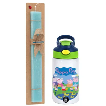 Peppa pig Family, Easter Set, Children's thermal stainless steel bottle with safety straw, green/blue (350ml) & aromatic flat Easter candle (30cm) (TURQUOISE)