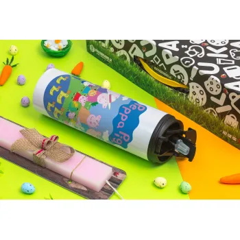 Peppa pig Family, Πασχαλινή Λαμπάδα με Travel Tumbler θερμό με διπλό καπάκι (600ml, BPA free) & κερί αρωματικό πλακέ (30cm) (ΡΟΖ)