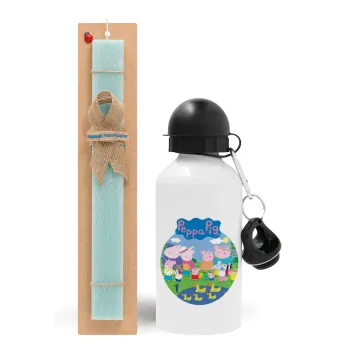 Peppa pig Family, Easter Set, metallic aluminum water bottle (500ml) & scented flat candle (30cm) (TURQUOISE)
