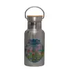 Stainless steel metallic thermos flask, silver with a bamboo lid, double-walled, 350ml.