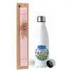 Easter Set, metallic stainless steel water bottle (750ml) & scented flat Easter candle (30cm) (PINK)
