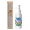 Easter Set, metallic stainless thermos bottle (500ml) & scented flat Easter candle (30cm) (GRAY)