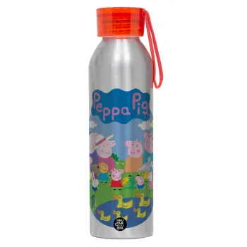 Peppa pig Family, Αλουμινένιο Αθλητικό Μπουκάλι 650ml – Ασημί με Κόκκινο Καπάκι και Λουράκι Σιλικόνης