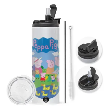 Peppa pig Family, Travel Tumbler θερμό με διπλό καπάκι, μεταλλικό καλαμάκι και βούρτσα καθαρισμού (Ανωξείδωτο 304 Food grade, BPA free, 600ml)