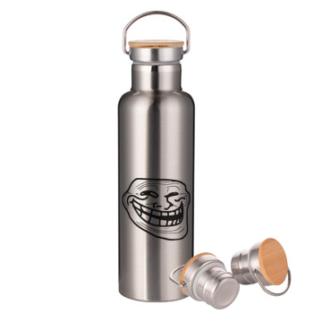 Troll face, Stainless steel Silver with wooden lid (bamboo), double wall, 750ml