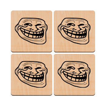 Troll face, ΣΕΤ x4 Σουβέρ ξύλινα τετράγωνα plywood (9cm)