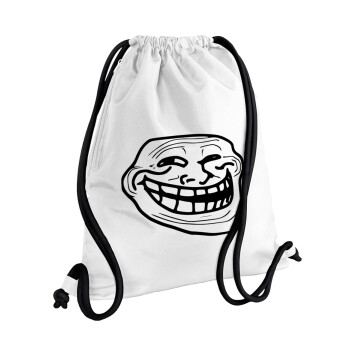 Troll face, Τσάντα πλάτης πουγκί GYMBAG λευκή, με τσέπη (40x48cm) & χονδρά κορδόνια