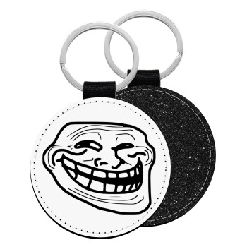 Troll face, Μπρελόκ Δερματίνη, στρογγυλό ΜΑΥΡΟ (5cm)