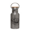 Stainless steel metallic thermos flask, silver with a bamboo lid, double-walled, 350ml.