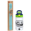 Easter Set, Children's thermal stainless steel bottle with safety straw, green/blue (350ml) & aromatic flat Easter candle (30cm) (TURQUOISE)