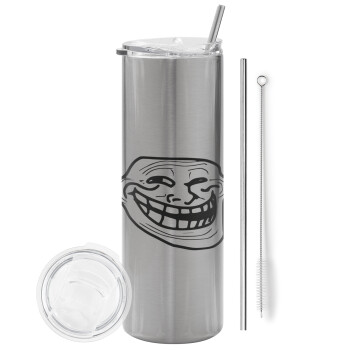 Troll face, Eco friendly stainless steel Silver tumbler 600ml, with metal straw & cleaning brush