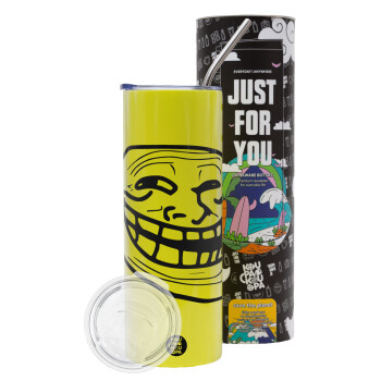 Troll face, Neon Yellow Travel Tumbler θερμό, μεταλλικό καλαμάκι(Ανωξείδωτο 304 Food grade, BPA free, 600ml)