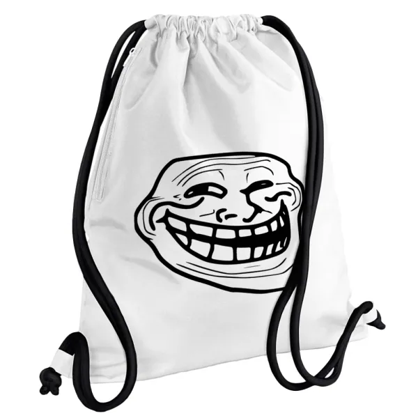 Troll face — Τσάντα πλάτης πουγκί GYMBAG λευκή, με τσέπη (40x48cm) & χονδρά κορδόνια