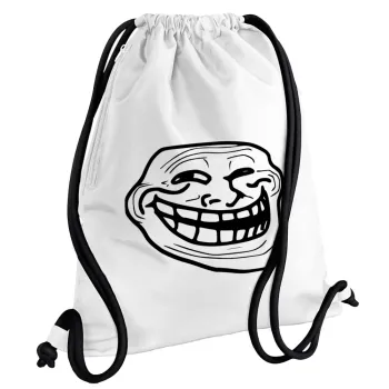 Troll face, Τσάντα πλάτης πουγκί GYMBAG λευκή, με τσέπη (40x48cm) & χονδρά κορδόνια