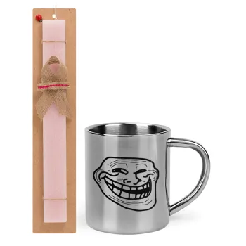 Troll face, Easter Set, metallic thermal cup (300ml) & aromatic flat Easter candle (30cm) (PINK)