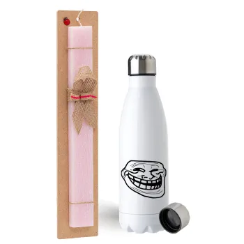 Troll face, Easter Set, metallic stainless steel water bottle (750ml) & scented flat Easter candle (30cm) (PINK)