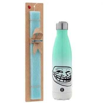 Troll face, Easter Set, Metallic green/white thermos (Stainless steel), double-walled, 500ml & scented flat Easter candle (30cm) (TURQUOISE)