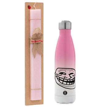 Troll face, Easter Set, Metallic pink/white (Stainless steel) thermos, double-walled, 500ml & aromatic flat Easter candle (30cm) (PINK)