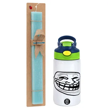 Troll face, Πασχαλινή Λαμπάδα με Παιδικό παγούρι θερμό, ανοξείδωτο, με καλαμάκι ασφαλείας, πράσινο/μπλε (350ml) & κερί αρωματικό πλακέ (30cm) (ΤΙΡΚΟΥΑΖ)