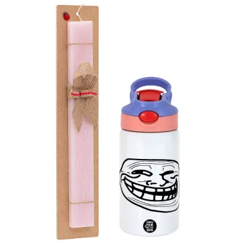 Troll face, Easter Set, Children's thermal stainless steel water bottle with safety straw, pink/purple (350ml) & Easter scented flat candle (30cm) (PINK)