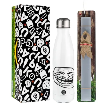 Troll face, Easter candle, metallic white thermos bottle (500ml) & aromatic flat candle (30cm) (GRAY)