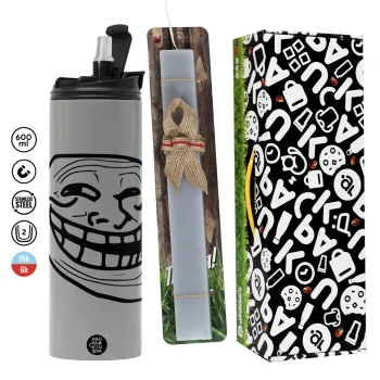 Troll face, Πασχαλινή Λαμπάδα με Travel Tumbler θερμό (600ml, BPA free) & κερί αρωματικό πλακέ (30cm) (ΓΚΡΙ)