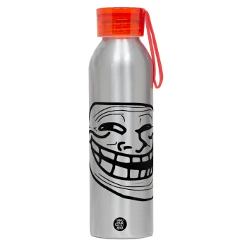 Troll face, Αλουμινένιο Αθλητικό Μπουκάλι 650ml – Ασημί με Κόκκινο Καπάκι και Λουράκι Σιλικόνης